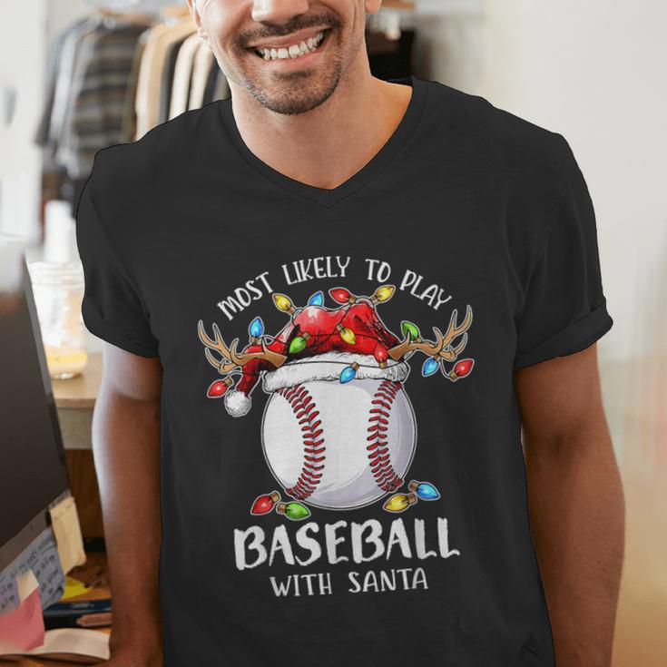 Most Likely To Play Baseball With Santa Christmas Xmas Men's V-Neck T-Shirt
