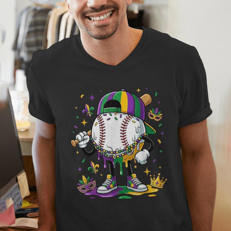 Mardi Gras Ice Cream Drip Baseball Carnival Party Mask Boys Men's V-Neck T-Shirt Mardi Gras Ice Cream Drip Baseball Carnival Party Mask Boys Men's V-Neck T-Shirt