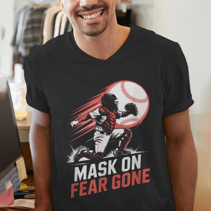 Mask On Fear Gone Baseball Catcher Softball Men's V-Neck T-Shirt Mask On Fear Gone Baseball Catcher Softball Men's V-Neck T-Shirt