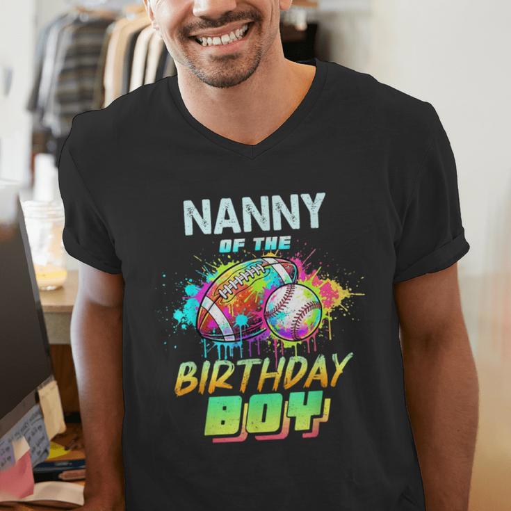 Nanny Of The Birthday Boy Baseball Football Colorful Men's V-Neck T-Shirt