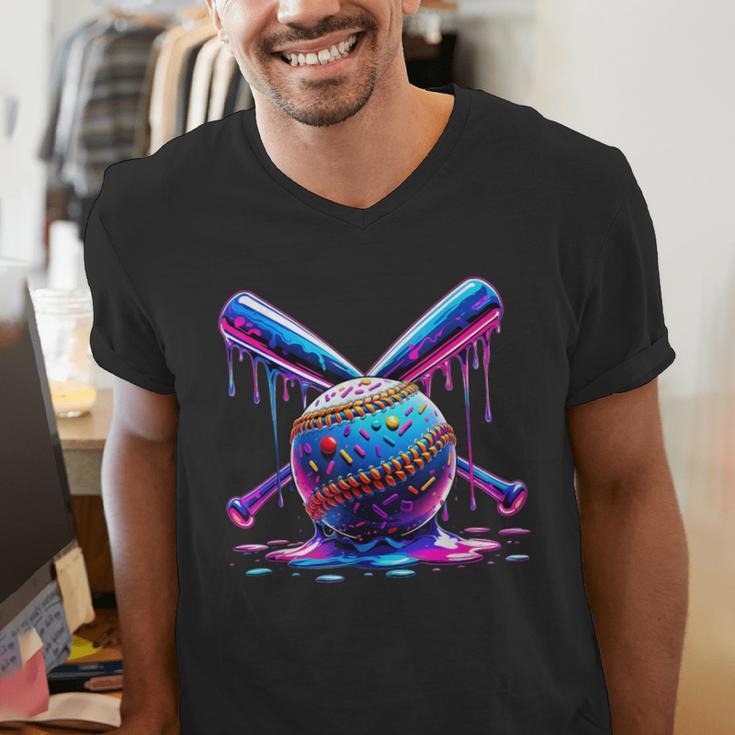 Neon Dripping Baseball And Bats Colorful Sports Art Men's V-Neck T-Shirt Neon Dripping Baseball And Bats Colorful Sports Art Men's V-Neck T-Shirt