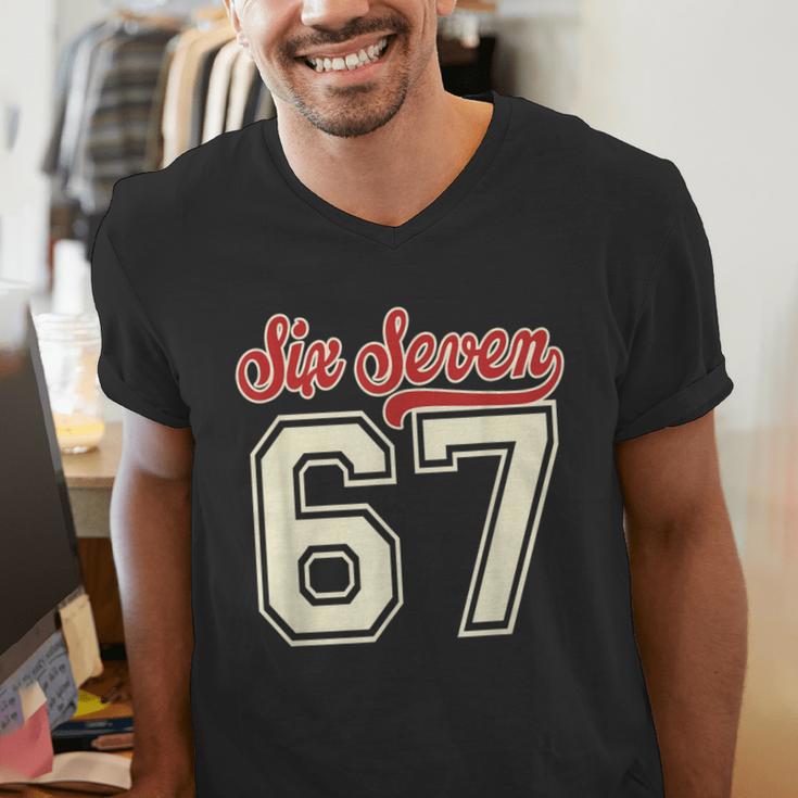 Number 67 Meme Six Seven Baseball Style Kids Boy Teen Men's V-Neck T-Shirt Number 67 Meme Six Seven Baseball Style Kids Boy Teen Men's V-Neck T-Shirt