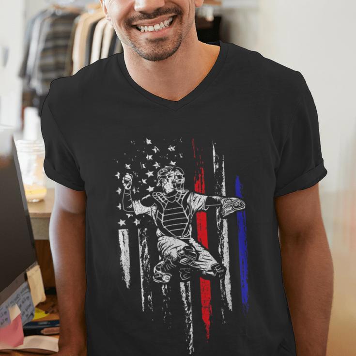 Patriotic Baseball Catcher American Flag Sports Tee Men's V-Neck T-Shirt