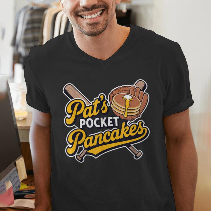 Pat's Pocket Pancakes Baseball Glove Stack Syrup Men's V-Neck T-Shirt Pat's Pocket Pancakes Baseball Glove Stack Syrup Men's V-Neck T-Shirt