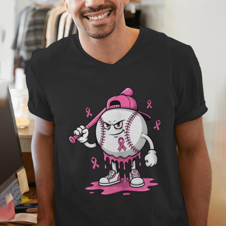 Pink Ribbon Baseball Breast Cancer Awareness Men's V-Neck T-Shirt Pink Ribbon Baseball Breast Cancer Awareness Men's V-Neck T-Shirt