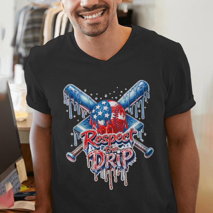 Respect The Drip Baseball American Flag Ice Cream Drip Youth Men's V-Neck T-Shirt Respect The Drip Baseball American Flag Ice Cream Drip Youth Men's V-Neck T-Shirt