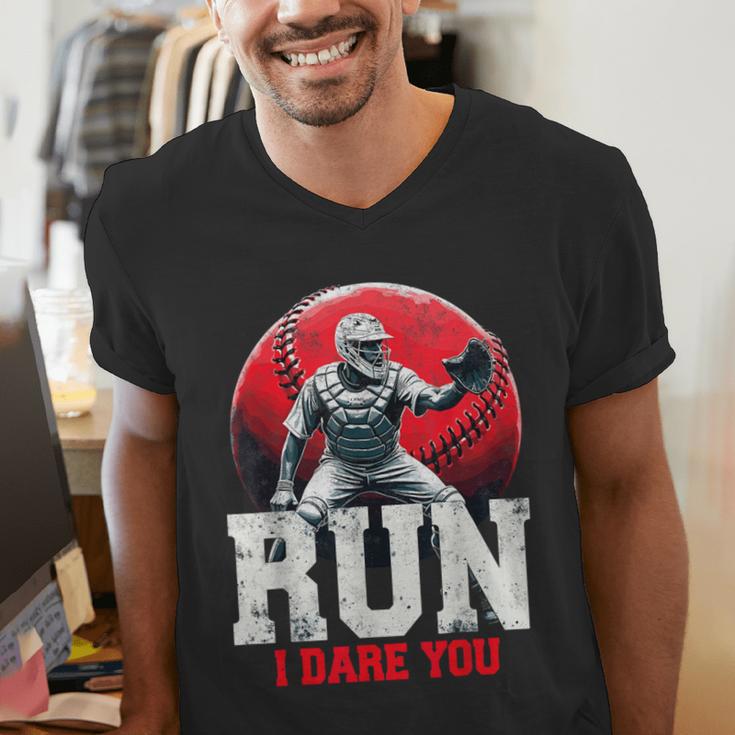 Run I Dare You Baseball Ball Player Catcher Coach Tee Men's V-Neck T-Shirt Run I Dare You Baseball Ball Player Catcher Coach Tee Men's V-Neck T-Shirt