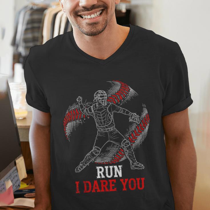 Run I Dare You Baseball Catcher Graphic Players Fans Men's V-Neck T-Shirt Run I Dare You Baseball Catcher Graphic Players Fans Men's V-Neck T-Shirt