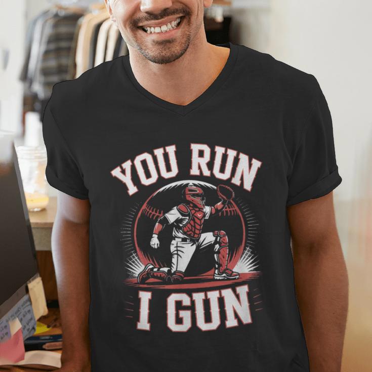 You Run I Gun Baseball Catcher Softball Player Men's V-Neck T-Shirt