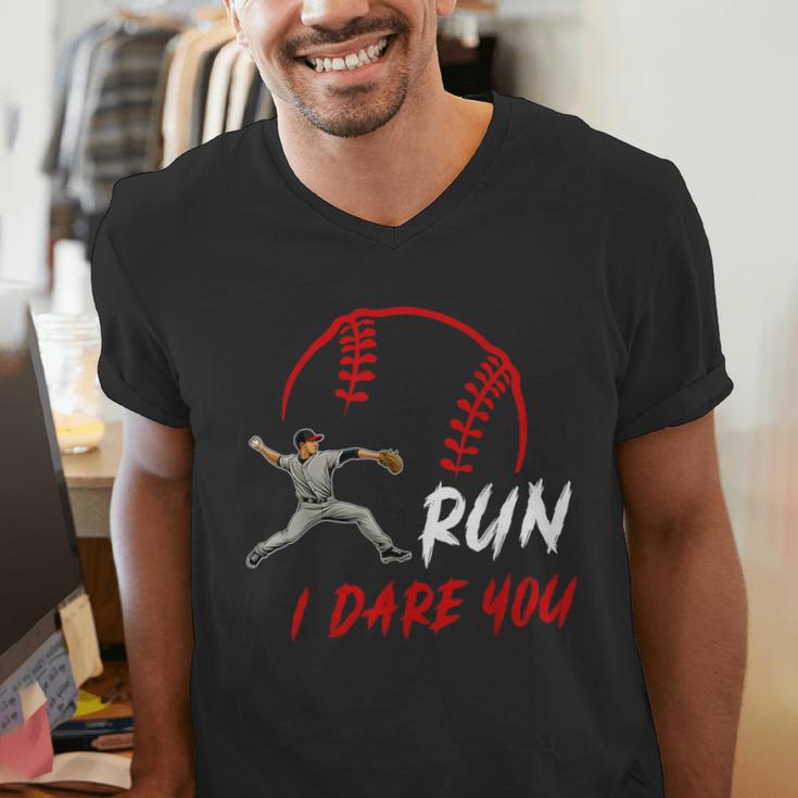 Run Steal I Dare You Humor Baseball Catcher Vintage Men's V-Neck T-Shirt Run Steal I Dare You Humor Baseball Catcher Vintage Men's V-Neck T-Shirt