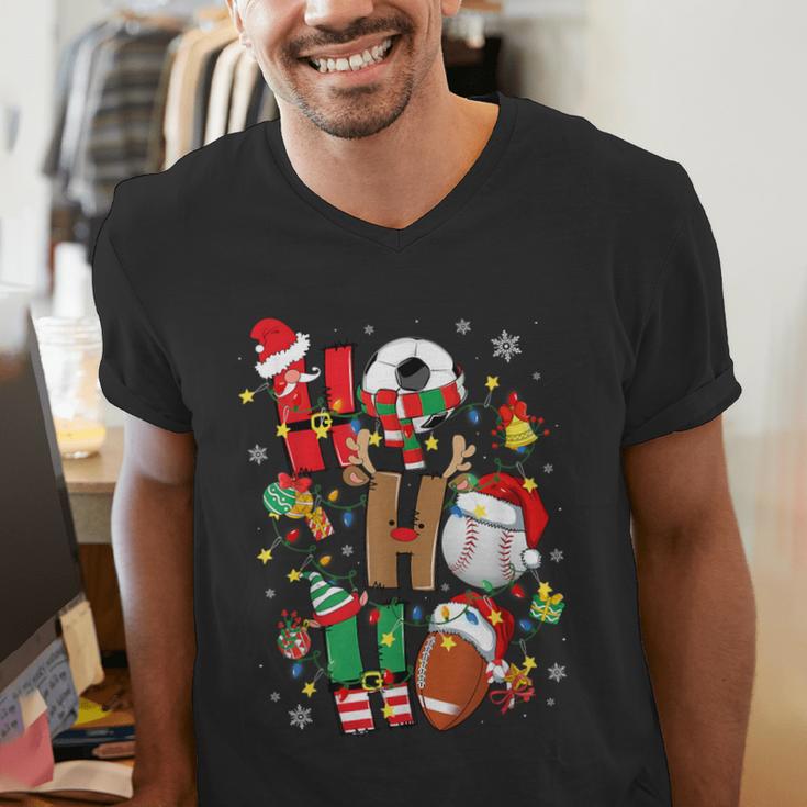 Santa Baseball Football Soccer Pajamas Ho Ho Christmas Xmas Men's V-Neck T-Shirt Santa Baseball Football Soccer Pajamas Ho Ho Christmas Xmas Men's V-Neck T-Shirt