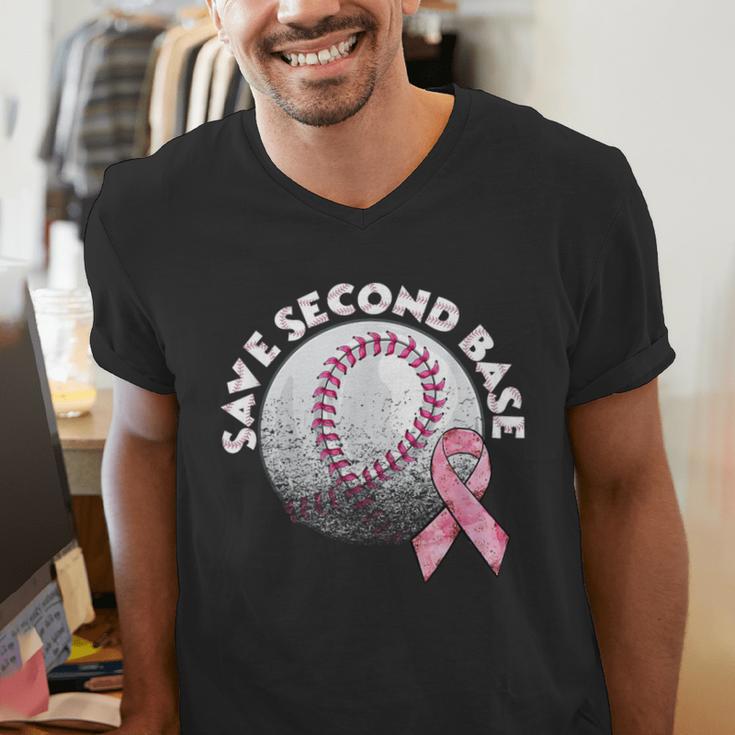 Save 2nd Base Breast Cancer Awareness Pink Ribbon Baseball Men's V-Neck T-Shirt Save 2nd Base Breast Cancer Awareness Pink Ribbon Baseball Men's V-Neck T-Shirt