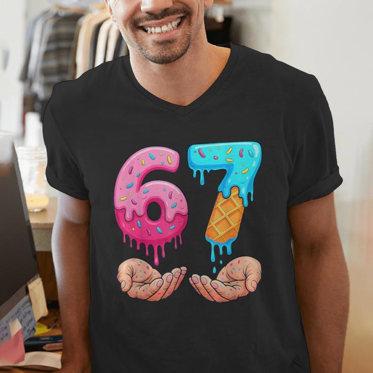 Six Seven 6-7 Baseball Ice Cream Drip 67 Meme Hands Men's V-Neck T-Shirt Six Seven 6-7 Baseball Ice Cream Drip 67 Meme Hands Men's V-Neck T-Shirt