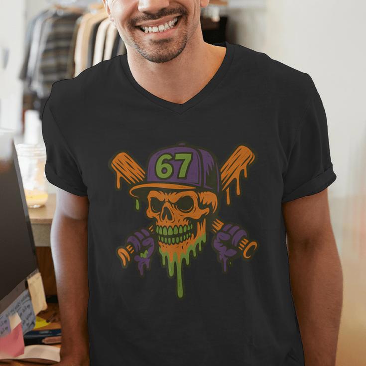 Six Seven 6 7 Baseball Skull Drip Halloween Horror Sports Men's V-Neck T-Shirt Six Seven 6 7 Baseball Skull Drip Halloween Horror Sports Men's V-Neck T-Shirt