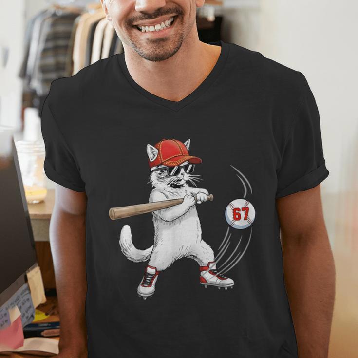 Six Seven 67 Baseball Cat Birthday Men Kids Boys Men's V-Neck T-Shirt