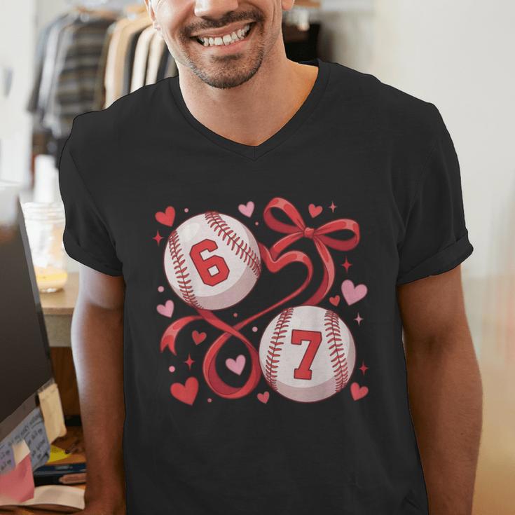 Six Seven Baseball Lover Sports Red Heart Bow Valentine Girl Men's V-Neck T-Shirt