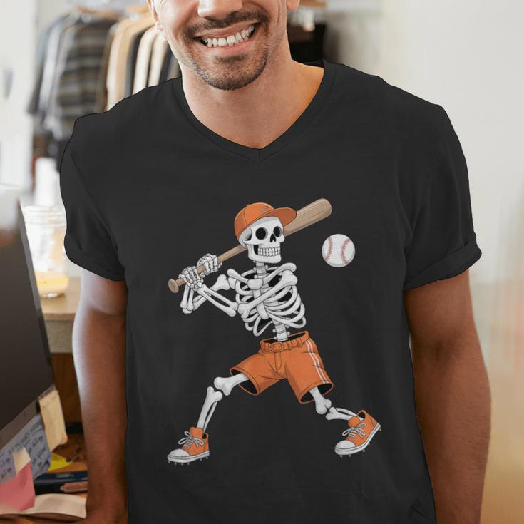 Skeleton Batting Baseball Halloween Men's V-Neck T-Shirt Skeleton Batting Baseball Halloween Men's V-Neck T-Shirt