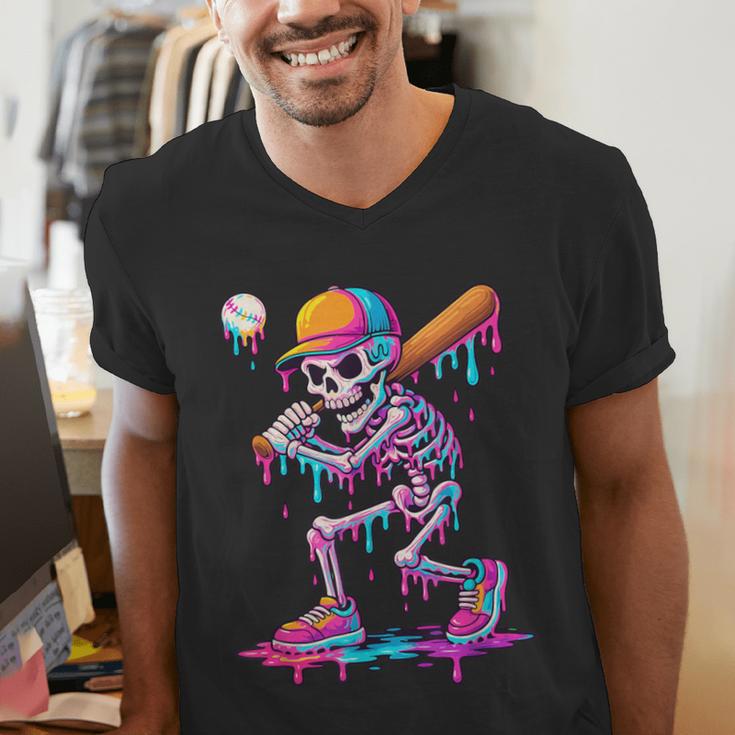 Skelton Playing Baseball Halloween Baseball Drip Boys Kids Men's V-Neck T-Shirt Skelton Playing Baseball Halloween Baseball Drip Boys Kids Men's V-Neck T-Shirt
