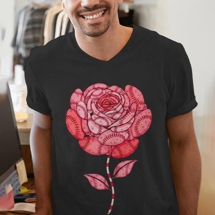 Sporty Rose Graphic With Baseball And Rugby Ball Petals Men's V-Neck T-Shirt