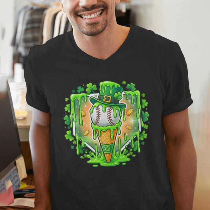 St Patrick Day Baseball Drip Ice Cream Baseball Home Plate Men's V-Neck T-Shirt St Patrick Day Baseball Drip Ice Cream Baseball Home Plate Men's V-Neck T-Shirt