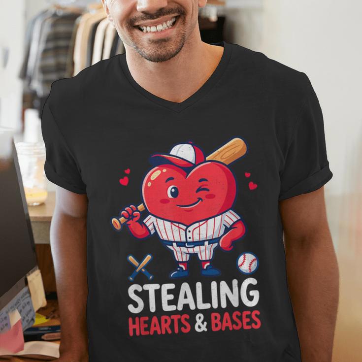 Stealing Hearts And Bases Baseball Player Valentine's Day Men's V-Neck T-Shirt