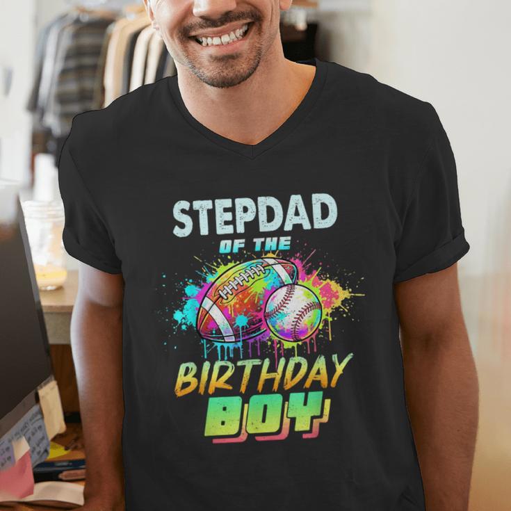 Stepdad Of The Birthday Boy Baseball Football Colorful Men's V-Neck T-Shirt