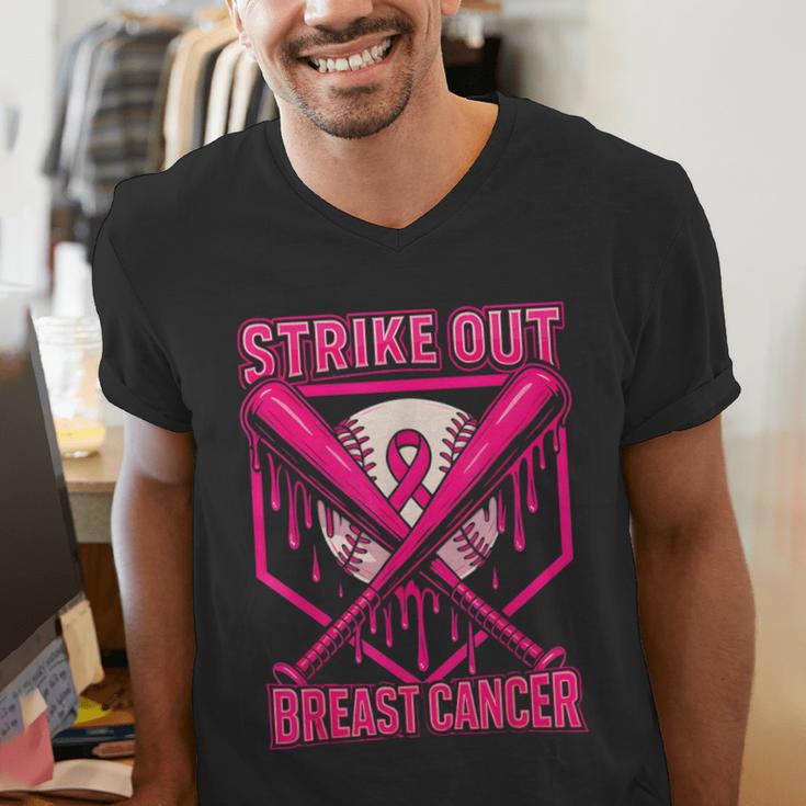 Strike Out Breast Cancer Baseball Ice Cream Drip Men's V-Neck T-Shirt Strike Out Breast Cancer Baseball Ice Cream Drip Men's V-Neck T-Shirt