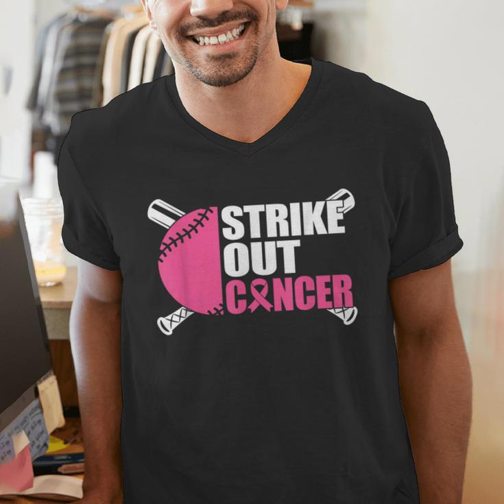Strike Out Cancer Breast Cancer Awareness Baseball Warrior Men's V-Neck T-Shirt Strike Out Cancer Breast Cancer Awareness Baseball Warrior Men's V-Neck T-Shirt