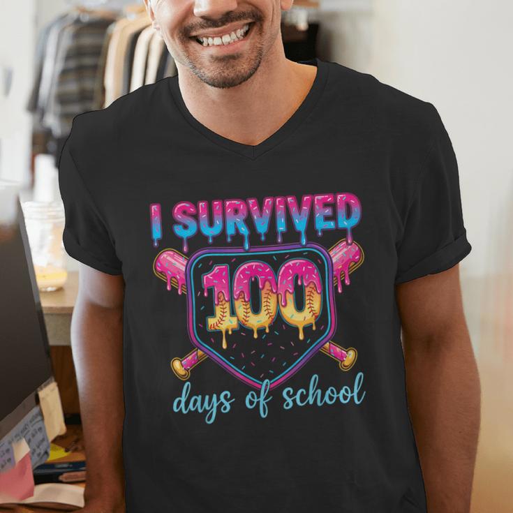 I Survived 100 Days Of School Baseball 100th Day Kids Girls Men's V-Neck T-Shirt