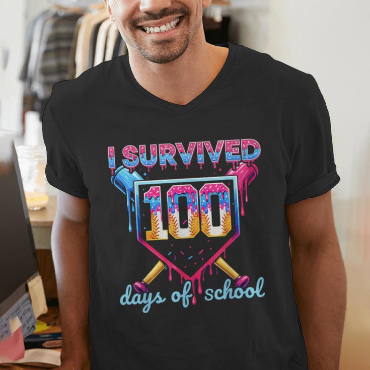 I Survived 100 Days Of School Baseball Boys Students Men's V-Neck T-Shirt I Survived 100 Days Of School Baseball Boys Students Men's V-Neck T-Shirt