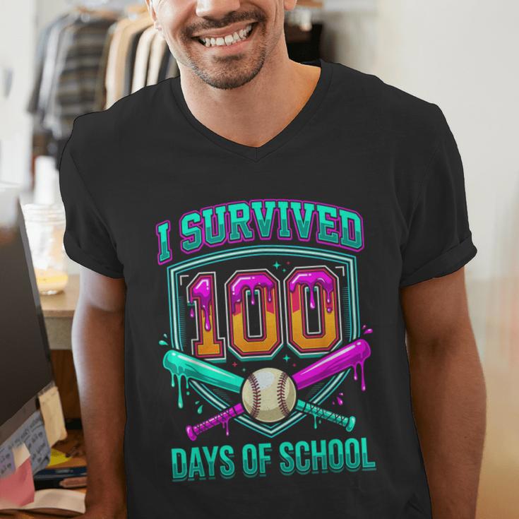 I Survived 100 Days Of School Baseball Drip Men's V-Neck T-Shirt I Survived 100 Days Of School Baseball Drip Men's V-Neck T-Shirt