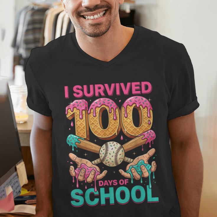 I Survived 100 Days Of School Baseball Ice Cream Drip Men's V-Neck T-Shirt I Survived 100 Days Of School Baseball Ice Cream Drip Men's V-Neck T-Shirt