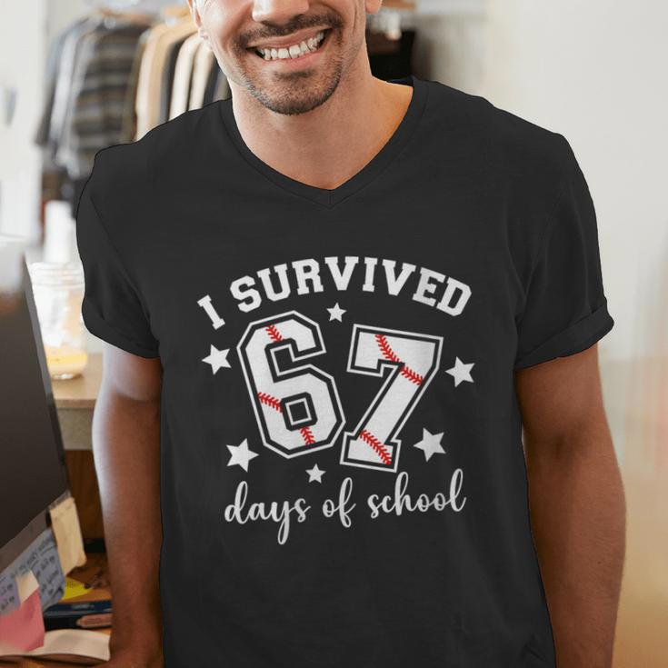 I Survived 67 Days Of School Baseball Six Seven Teacher Men's V-Neck T-Shirt I Survived 67 Days Of School Baseball Six Seven Teacher Men's V-Neck T-Shirt