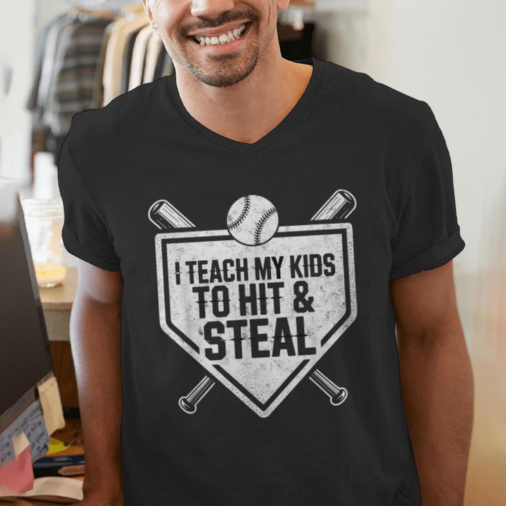 I Teach My Kids To Hit & Steal Baseball Player Coach Dad Tee Men's V-Neck T-Shirt I Teach My Kids To Hit & Steal Baseball Player Coach Dad Tee Men's V-Neck T-Shirt
