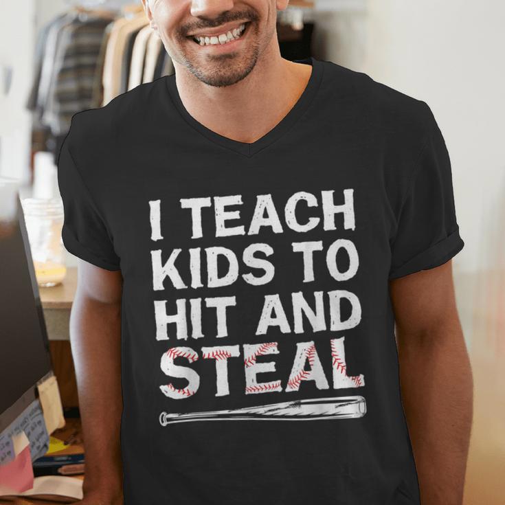 I Teach Kids To Hit And Steal Baseball Coach Sport Lover Men Men's V-Neck T-Shirt I Teach Kids To Hit And Steal Baseball Coach Sport Lover Men Men's V-Neck T-Shirt