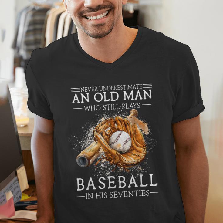 Never Underestimate An Old Man Who Still Plays Baseball Men's V-Neck T-Shirt Never Underestimate An Old Man Who Still Plays Baseball Men's V-Neck T-Shirt