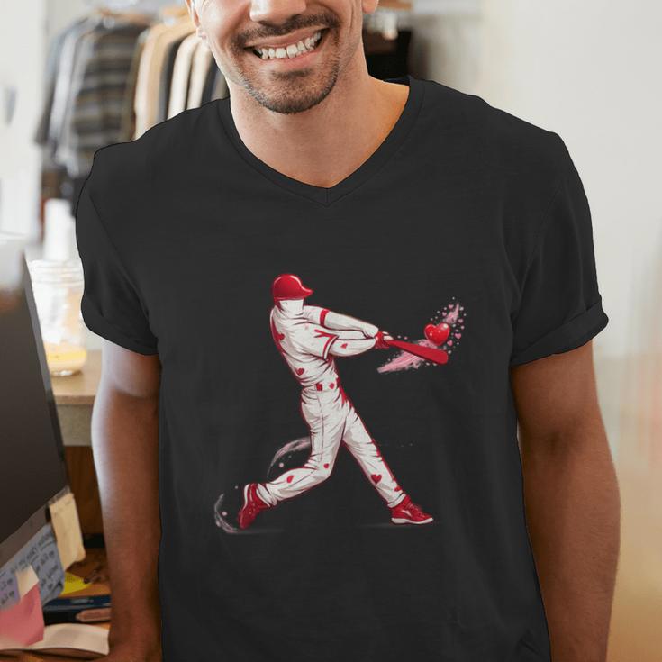 Valentines Day Baseball Batter Silhouette Heart For Men Boys Men's V-Neck T-Shirt Valentines Day Baseball Batter Silhouette Heart For Men Boys Men's V-Neck T-Shirt
