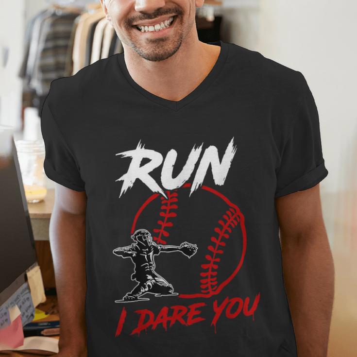 Vintage Baseball Catcher Boys Go Ahead Run I Dare You Men's V-Neck T-Shirt Vintage Baseball Catcher Boys Go Ahead Run I Dare You Men's V-Neck T-Shirt