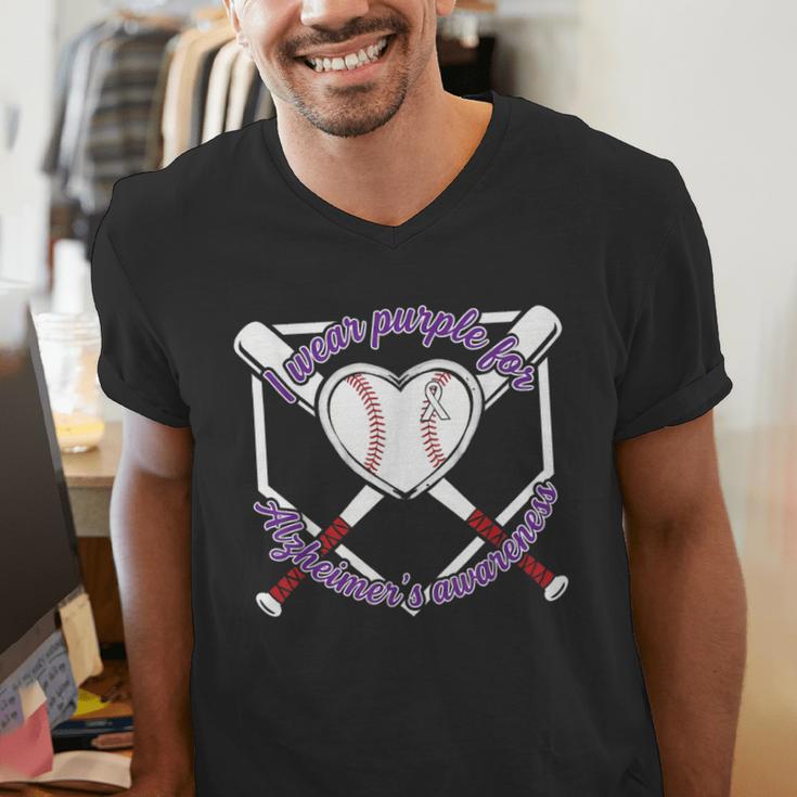 I Wear Purple For Alzheimers Awareness Baseball Heart Ribbon Men's V-Neck T-Shirt