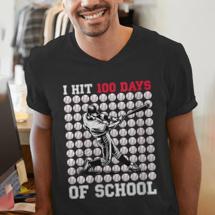 Women's I Hit 100 Days Of School Baseball 100th Day Boys Kids Men's V-Neck T-Shirt Women's I Hit 100 Days Of School Baseball 100th Day Boys Kids Men's V-Neck T-Shirt