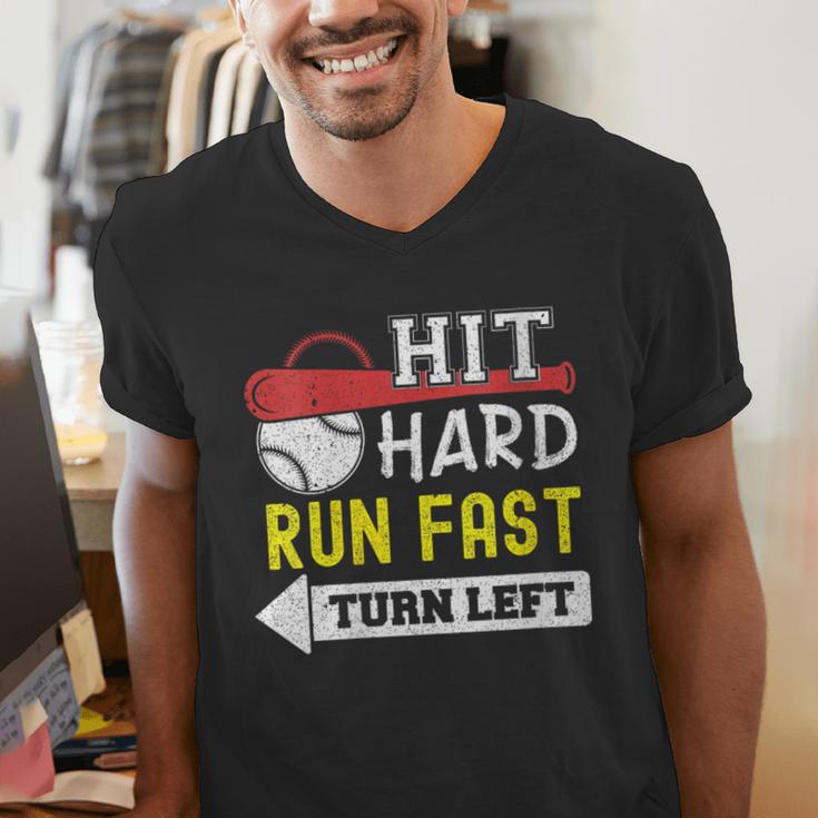 Women's Hit Hard Run Fast Turn Left Baseball Quote Fan Coach Men's V-Neck T-Shirt Women's Hit Hard Run Fast Turn Left Baseball Quote Fan Coach Men's V-Neck T-Shirt
