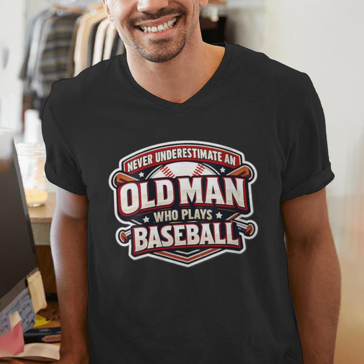 Women's Never Underestimate An Old Man Who Plays Baseball Men's V-Neck T-Shirt