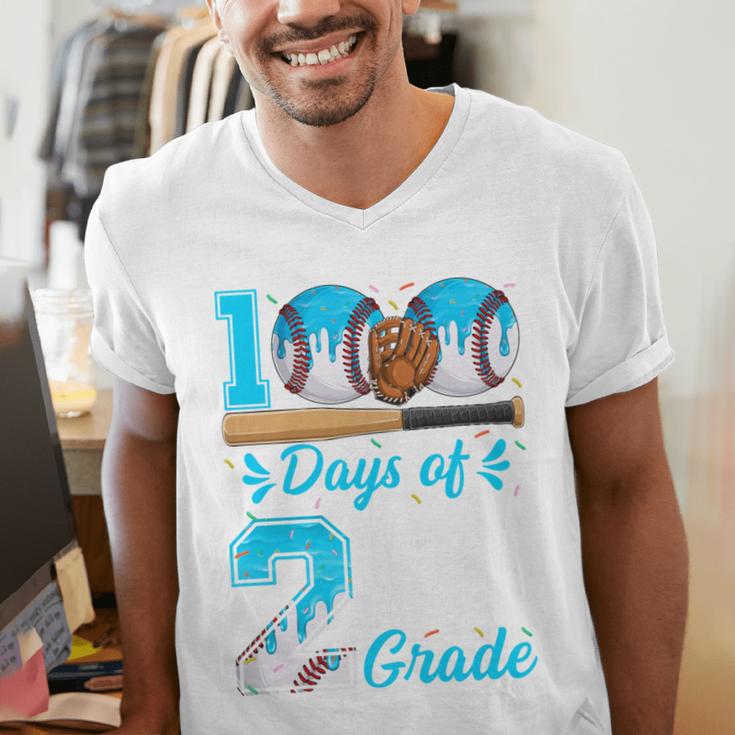 100 Days Of 2nd Grade Baseball 100th Day Of School Boys Kids Men's V-Neck T-Shirt