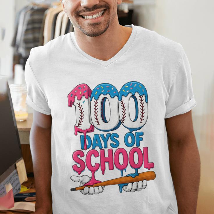 100 Days Of School Baseball Drip Bat 100th Day Of School Boy Men's V-Neck T-Shirt 100 Days Of School Baseball Drip Bat 100th Day Of School Boy Men's V-Neck T-Shirt