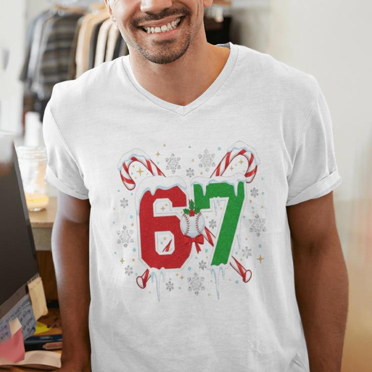67 Baseball Christmas Candy Cane Snowflake Holiday Sports Men's V-Neck T-Shirt 67 Baseball Christmas Candy Cane Snowflake Holiday Sports Men's V-Neck T-Shirt