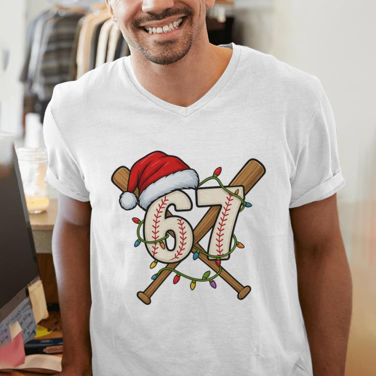 67 Baseball Xmas Lights Santa Hat Holiday Men's V-Neck T-Shirt