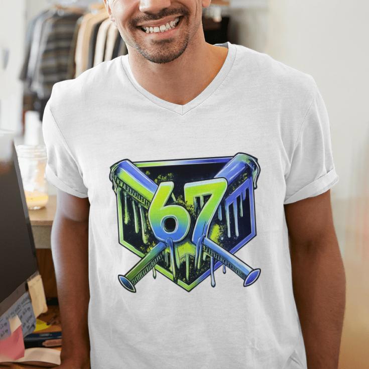 Awesome 67 Baseball Drip Effect Baseball 6-7 Meme Graphic Premium Tri-Blend Men's V-Neck T-Shirt