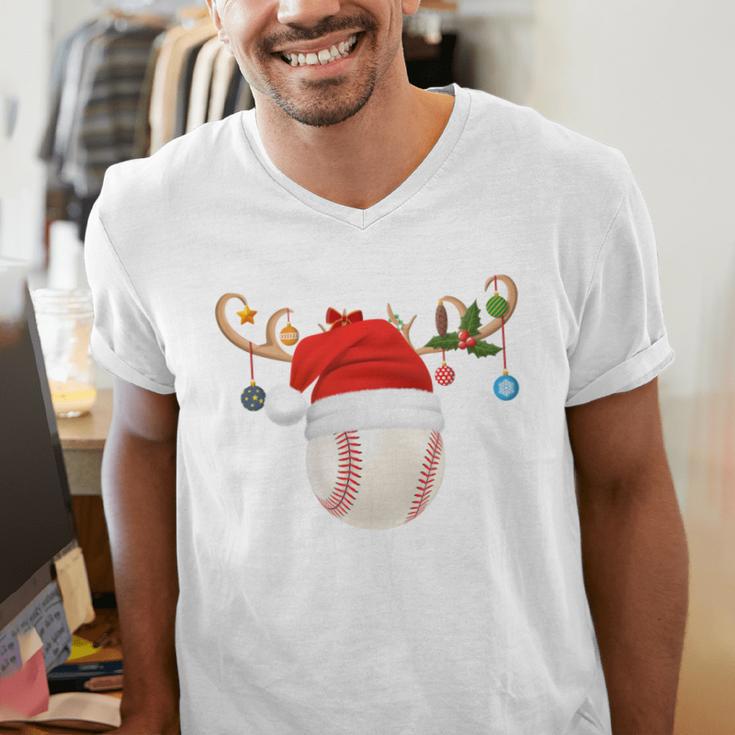 Baseball Christmas Reindeer Santa Hat Sports Player Xmas Men's V-Neck T-Shirt