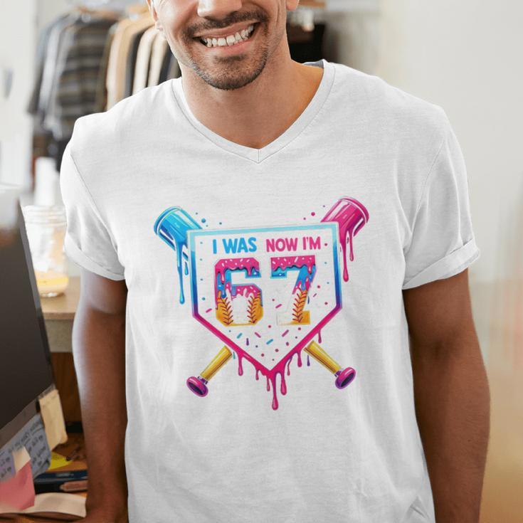 Baseball Drip I Was 6 Now I'm 7 67 Meme 7th Birthday Men's V-Neck T-Shirt