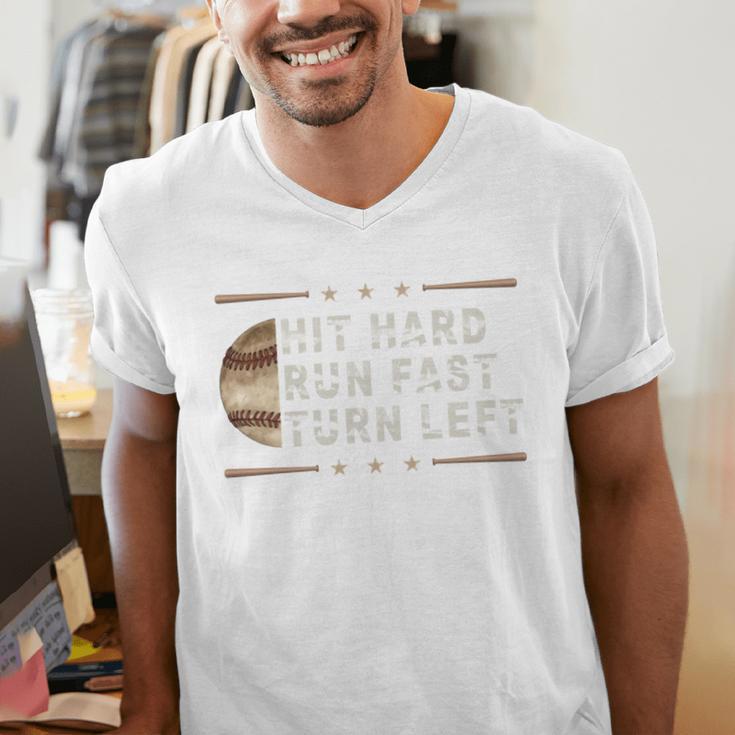 Baseball Hit Hard Run Fast Turn Left Men Boys Men's V-Neck T-Shirt Baseball Hit Hard Run Fast Turn Left Men Boys Men's V-Neck T-Shirt
